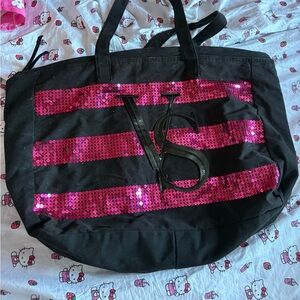Victoria's Secret Black Tote with Pink Sequin Stripes